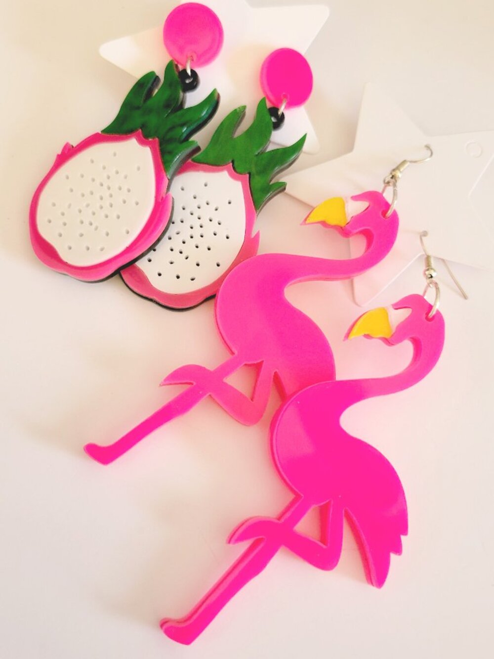 Whimsical Tropical Bird and Dragon Fruit Earrings